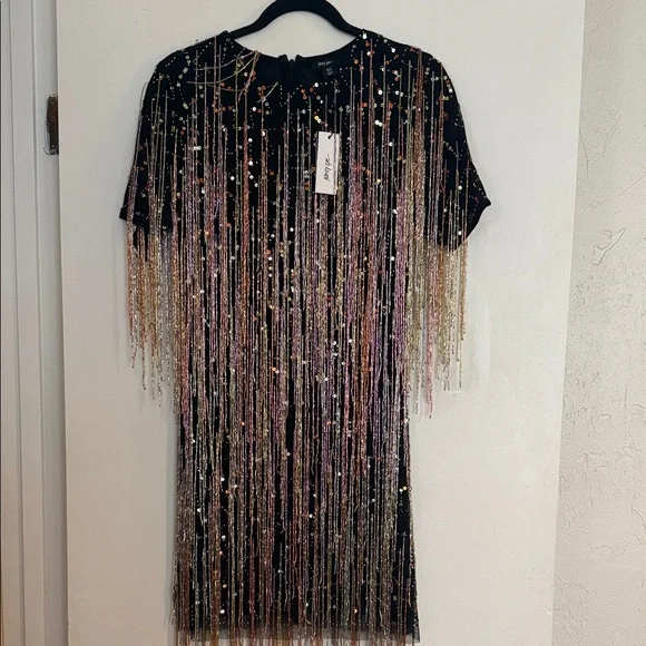 Nasty Gal Black Mini Dress with Gold & Pink Sequin Fringe - Picture 2 of 7
